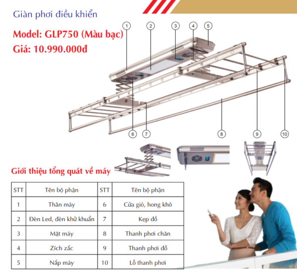 Giàn phơi điều khiển GLP 750 màu bạc