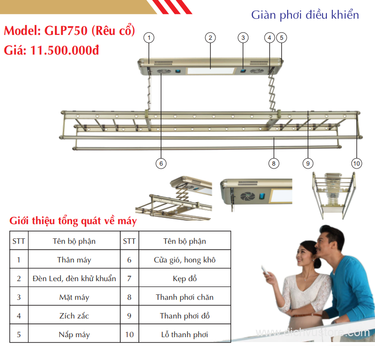 Giàn phơi điểu khiển GLP 750 màu rêu cổ