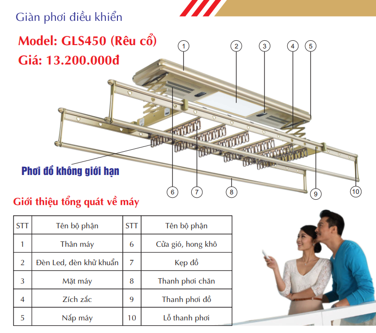 Giàn phơi điều khiển GLS450 màu rêu cổ