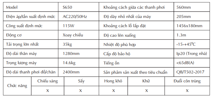 Thong so giàn phơi điều khiển S650